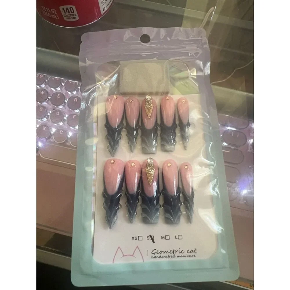 Geometric Cat Pink & Black Gothic Stiletto Press-On Nails